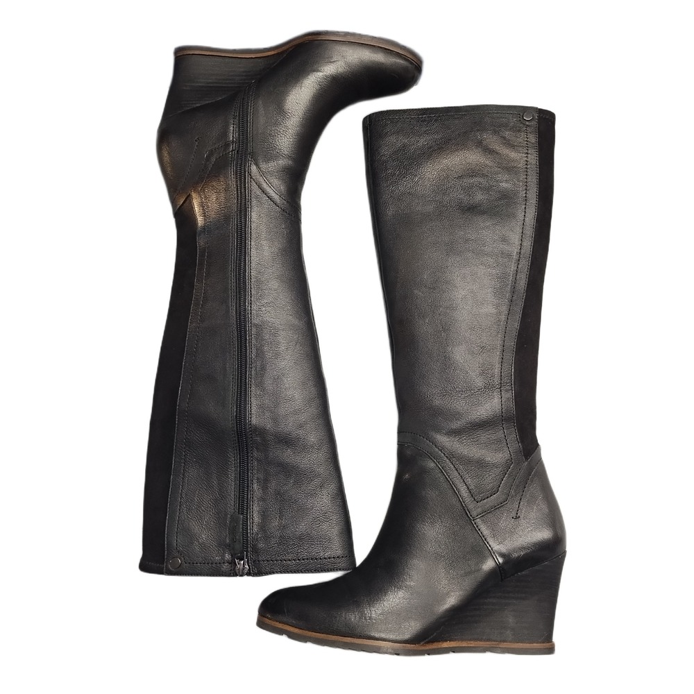 Franco Sarto Diodati 2 Knee-High Boots Womens 7.5M Black Leather Wedge Side Zip